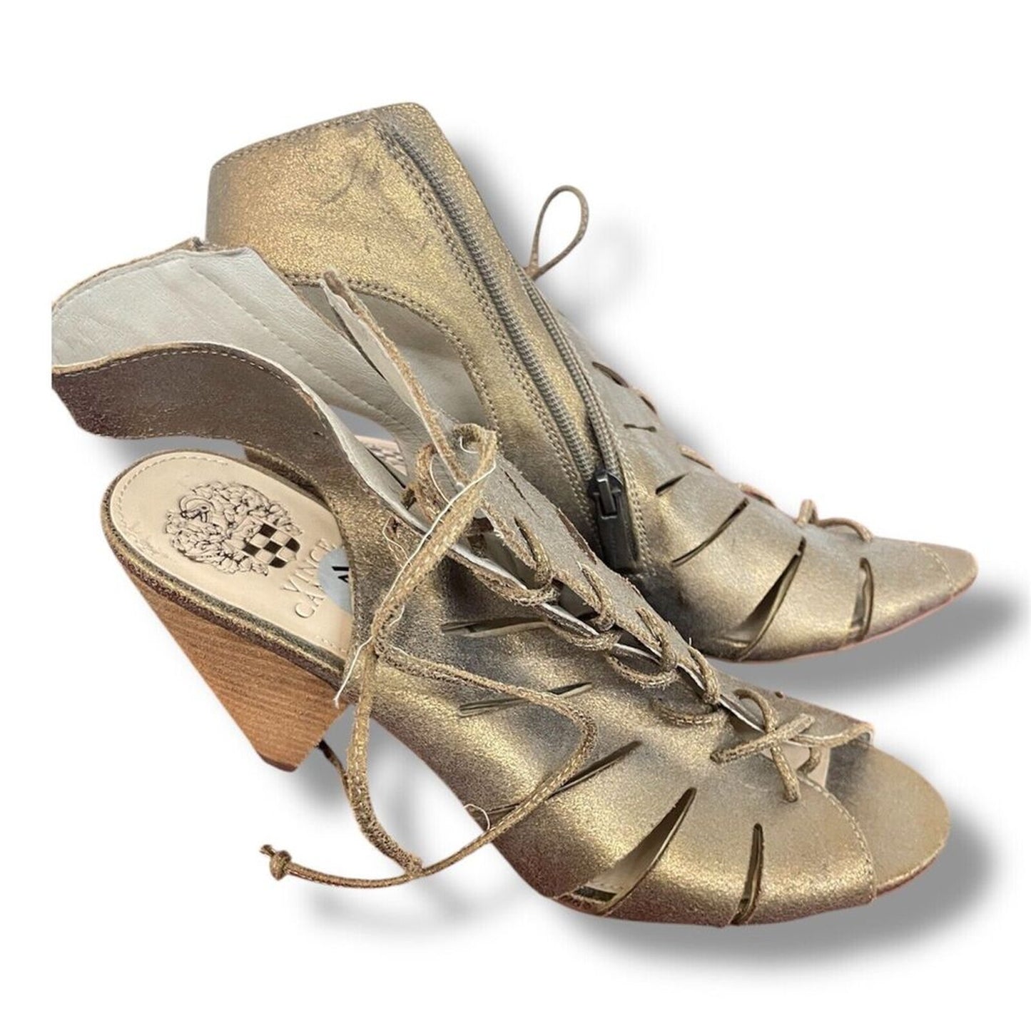 Vince Camuto Briaz Gladiator Caged Sandal Women's 9.5 Gold Brown Suede Block Hee