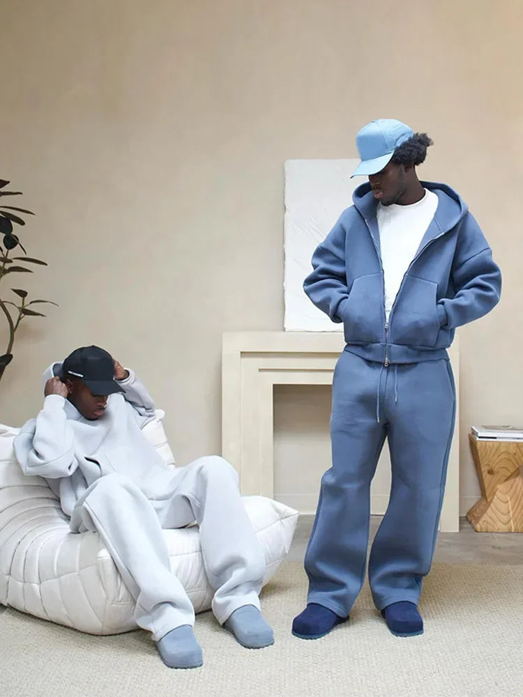 Men's Solid Tracksuit - 2-Piece Casual Set with Zipper Hoodie & Straight Pants, Plush Long Sleeve Sweatshirt and Trousers