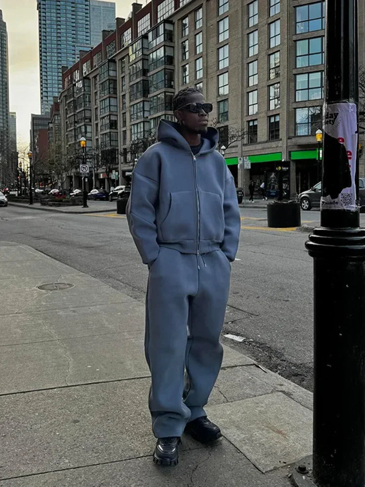 Men's Solid Tracksuit - 2-Piece Casual Set with Zipper Hoodie & Straight Pants, Plush Long Sleeve Sweatshirt and Trousers