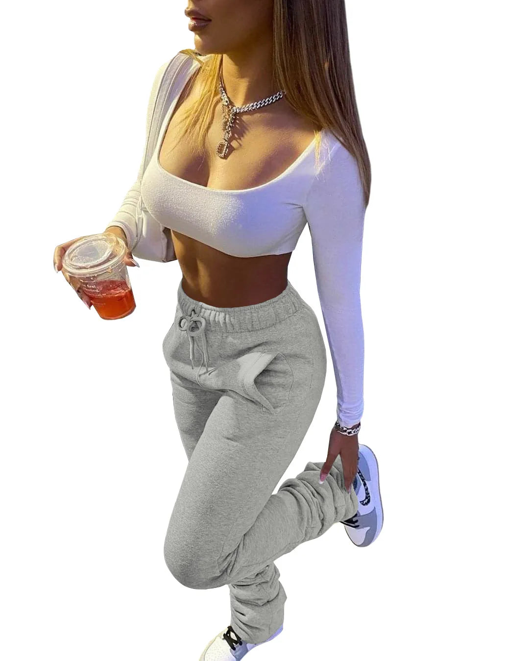 Stacked Sweatpants for Women - Mid Waist Thick Fleece Joggers, Long Trousers, Size XS-3XL