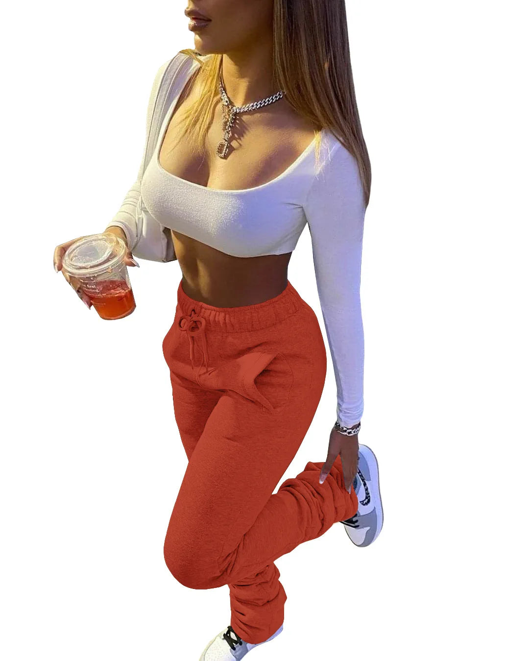 Stacked Sweatpants for Women - Mid Waist Thick Fleece Joggers, Long Trousers, Size XS-3XL