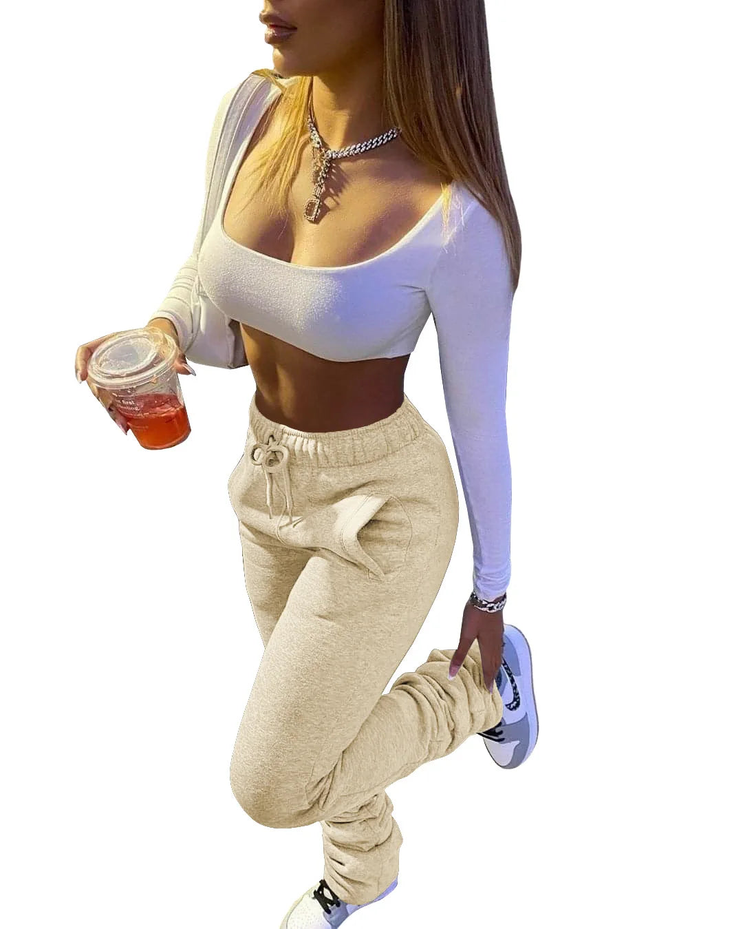Stacked Sweatpants for Women - Mid Waist Thick Fleece Joggers, Long Trousers, Size XS-3XL