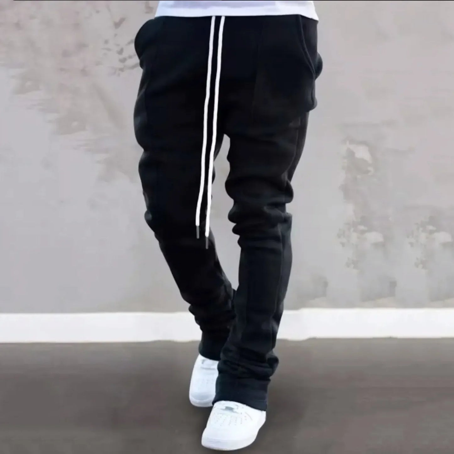 Men's Casual Flare Pants - Solid Color Custom Design Stacked Sweatpants for Streetwear