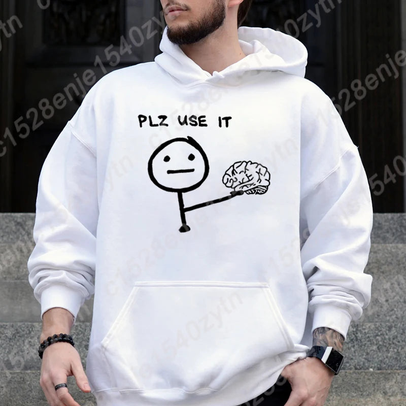 Brain Please Use It Graphic Hoodie - Men's Casual Pullover, Long Sleeve Sportswear Top