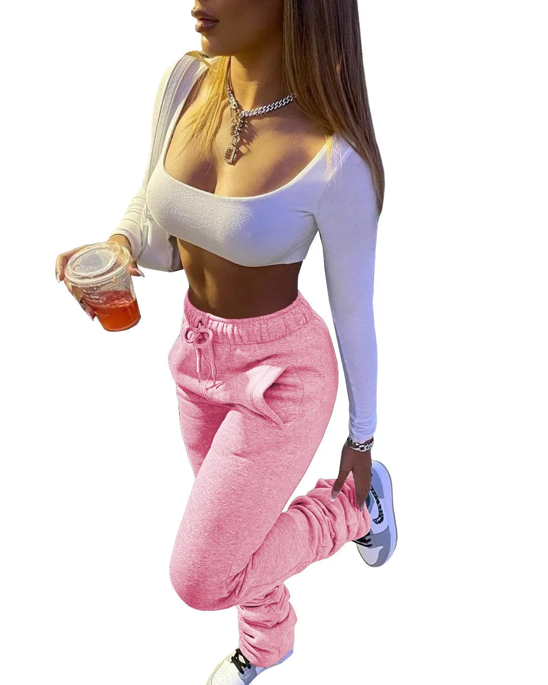 Stacked Sweatpants for Women - Mid Waist Thick Fleece Joggers, Long Trousers, Size XS-3XL