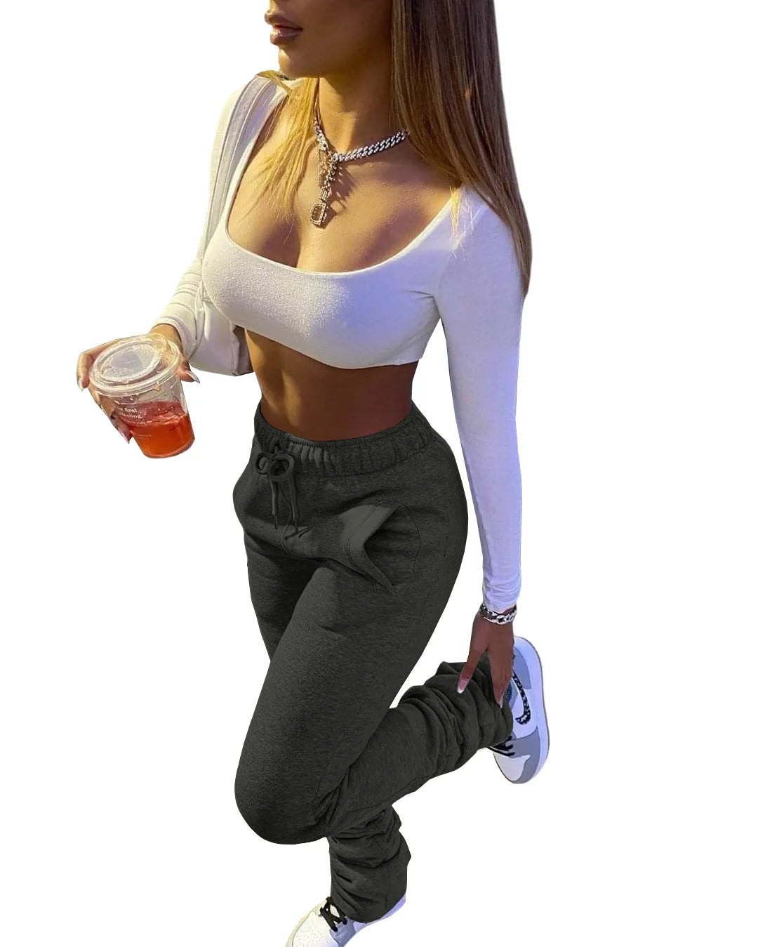Stacked Sweatpants for Women - Mid Waist Thick Fleece Joggers, Long Trousers, Size XS-3XL