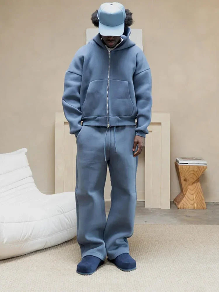 Men's Solid Tracksuit - 2-Piece Casual Set with Zipper Hoodie & Straight Pants, Plush Long Sleeve Sweatshirt and Trousers