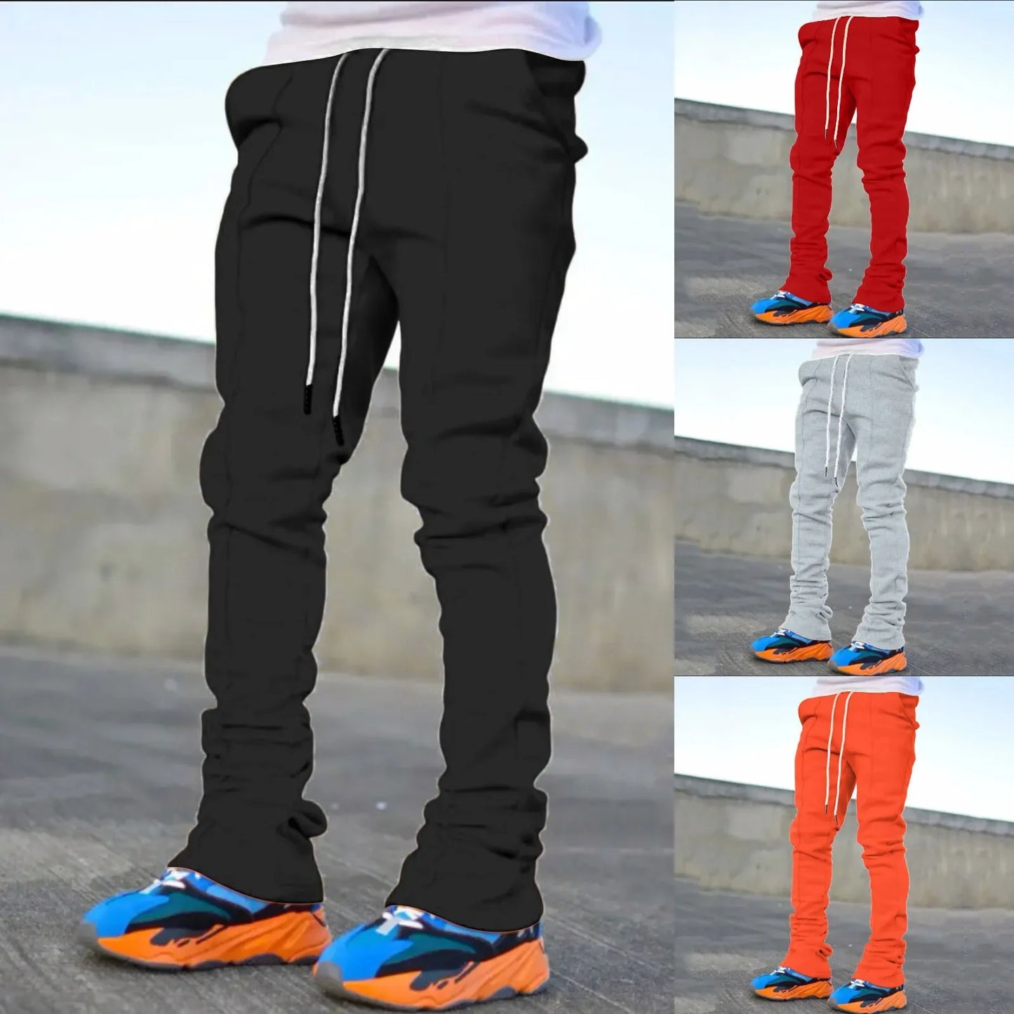 Men's Casual Flare Pants - Solid Color Custom Design Stacked Sweatpants for Streetwear