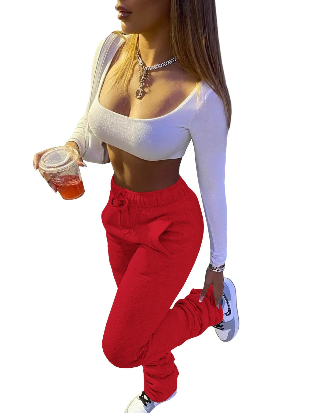 Stacked Sweatpants for Women - Mid Waist Thick Fleece Joggers, Long Trousers, Size XS-3XL