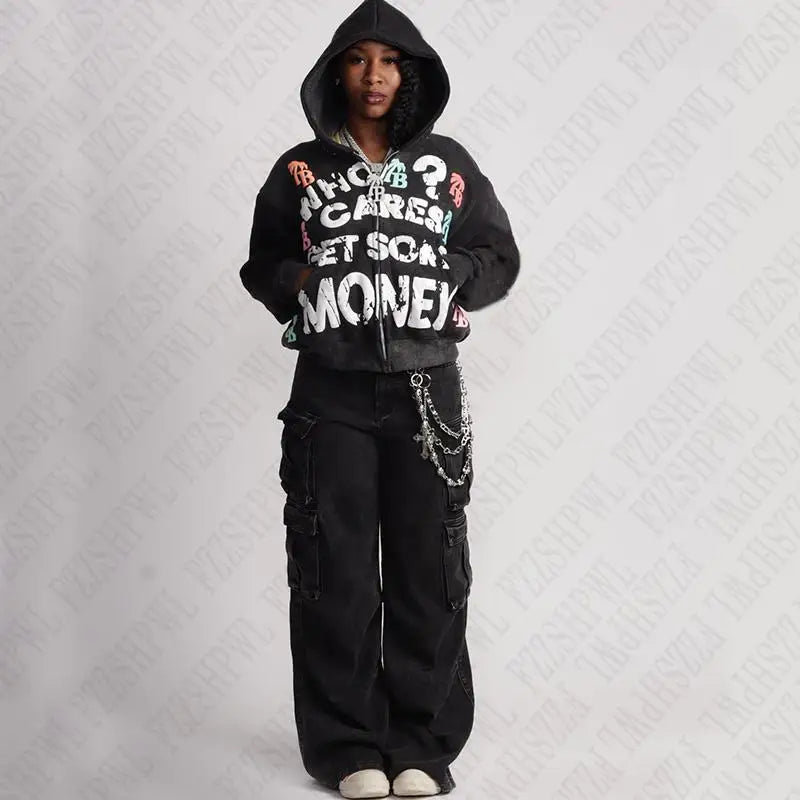 Vintage Punk Gothic Hoodie – Hip-Hop Graphic Retro Streetwear Zip-Up Jacket EMO Unisex Fashion