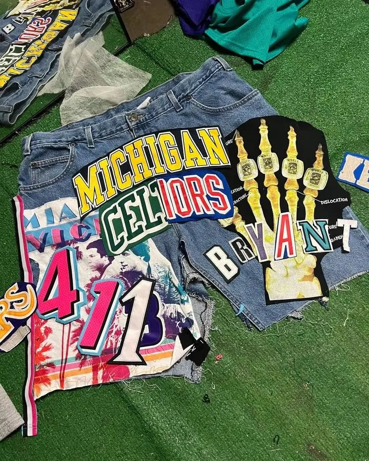 Streetwear Retro Patchwork Denim Short Y2K Jeans Men Women Hip Hop Cartoon Graphics Retro Blue Loose Denim Fitness Casual Shorts