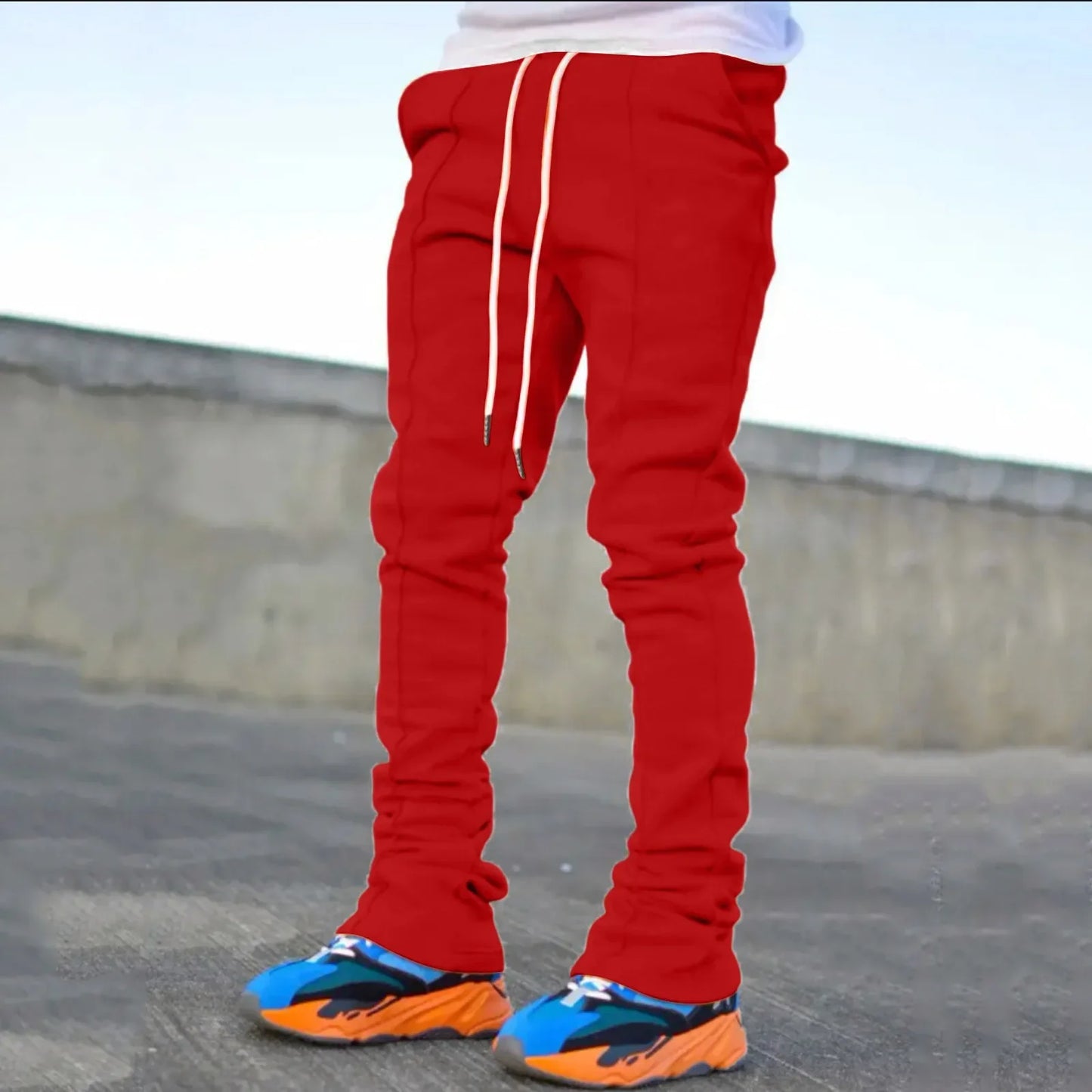 Men's Casual Flare Pants - Solid Color Custom Design Stacked Sweatpants for Streetwear