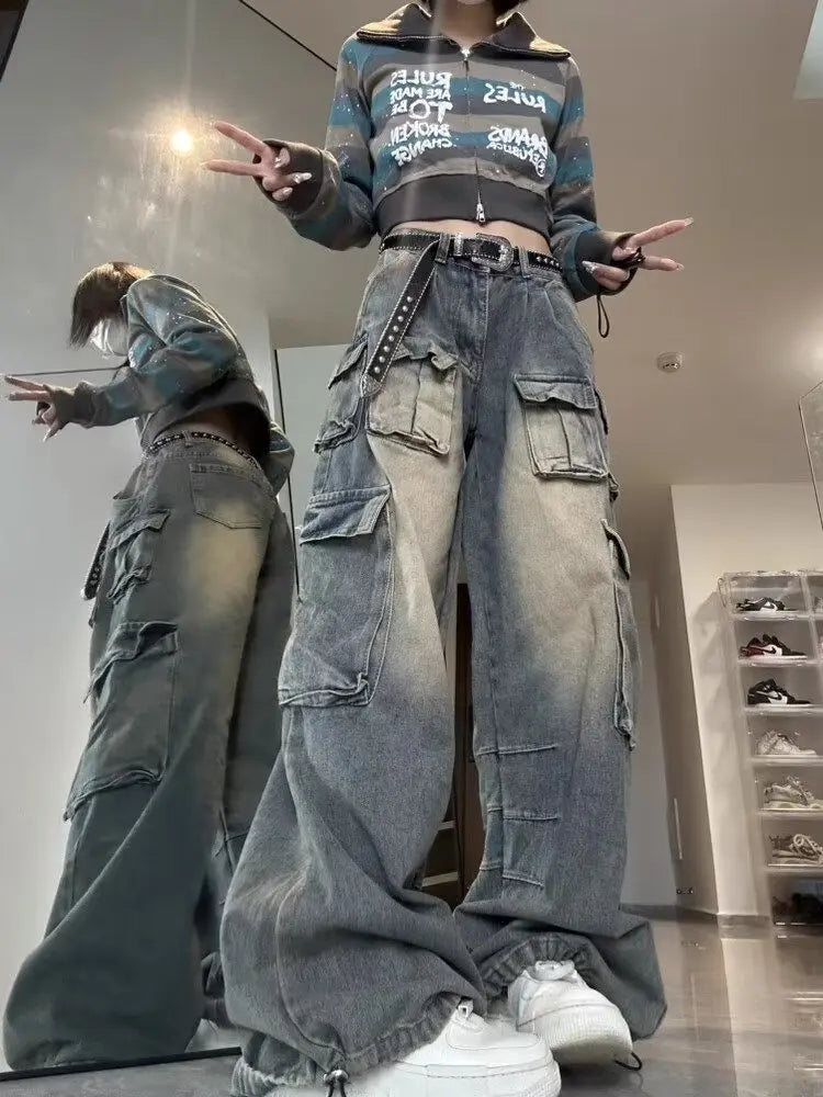 Women's Multi-Pocket Streetwear Cargo Pants - Oversized Y2K Baggy Jeans
