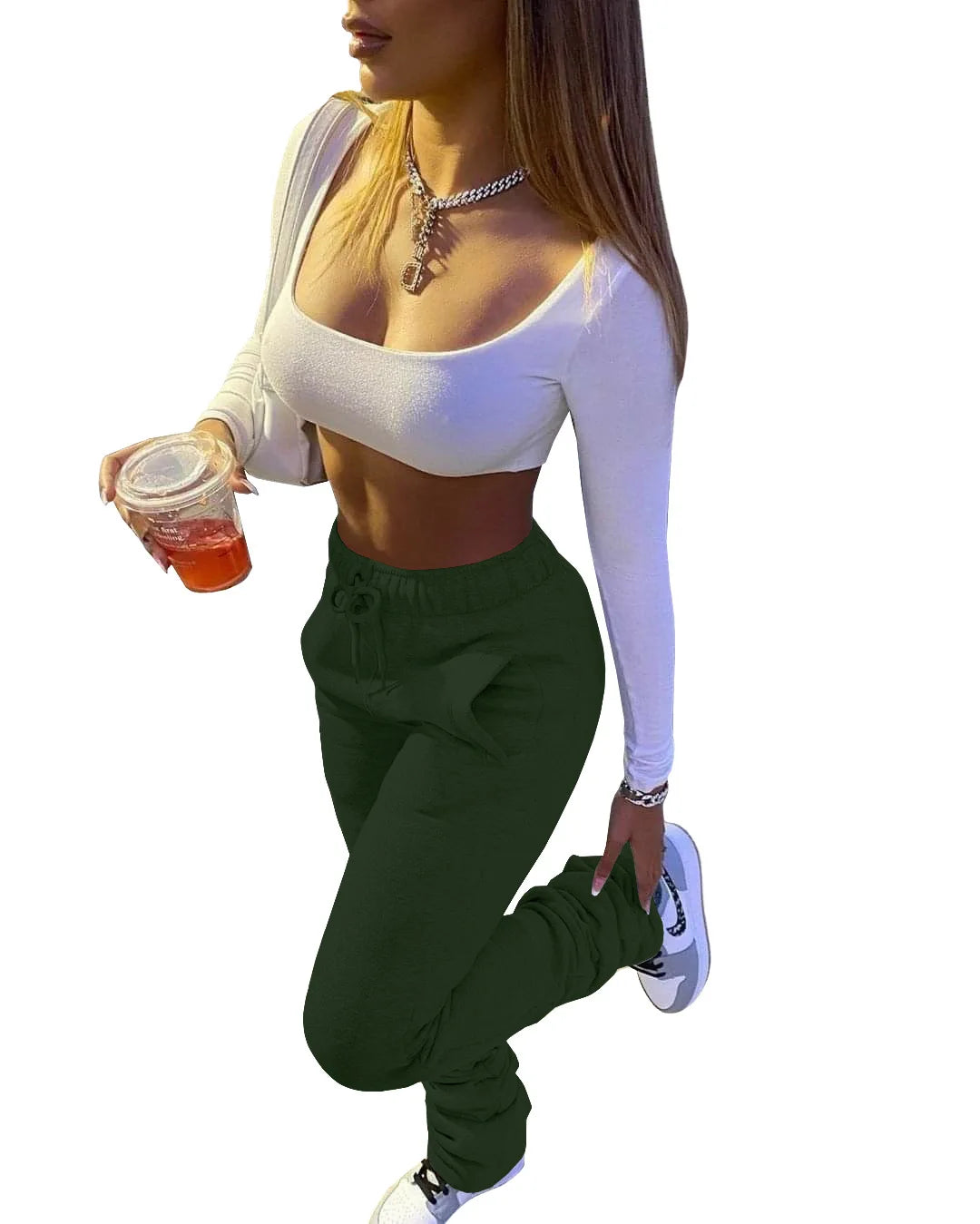 Stacked Sweatpants for Women - Mid Waist Thick Fleece Joggers, Long Trousers, Size XS-3XL