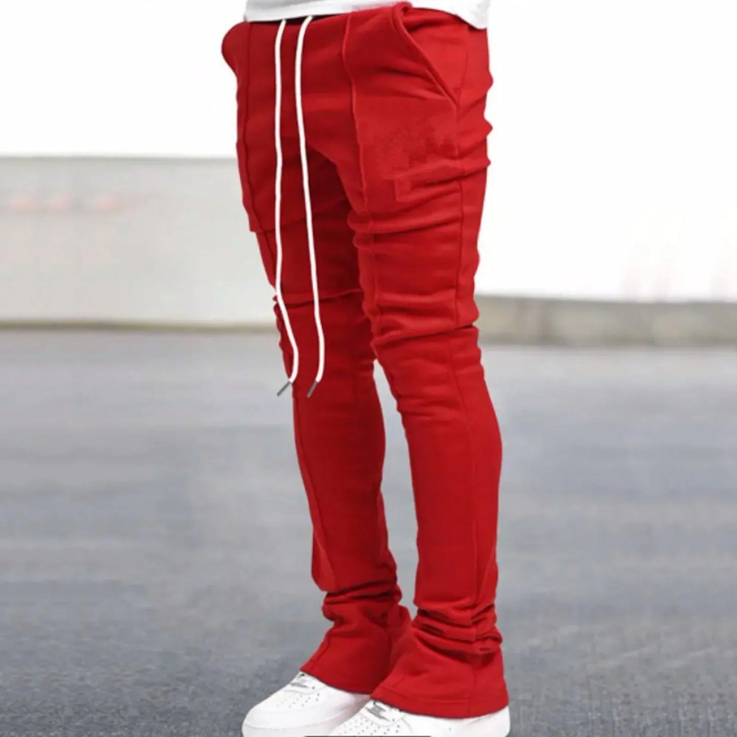 Men's Casual Flare Pants - Solid Color Custom Design Stacked Sweatpants for Streetwear