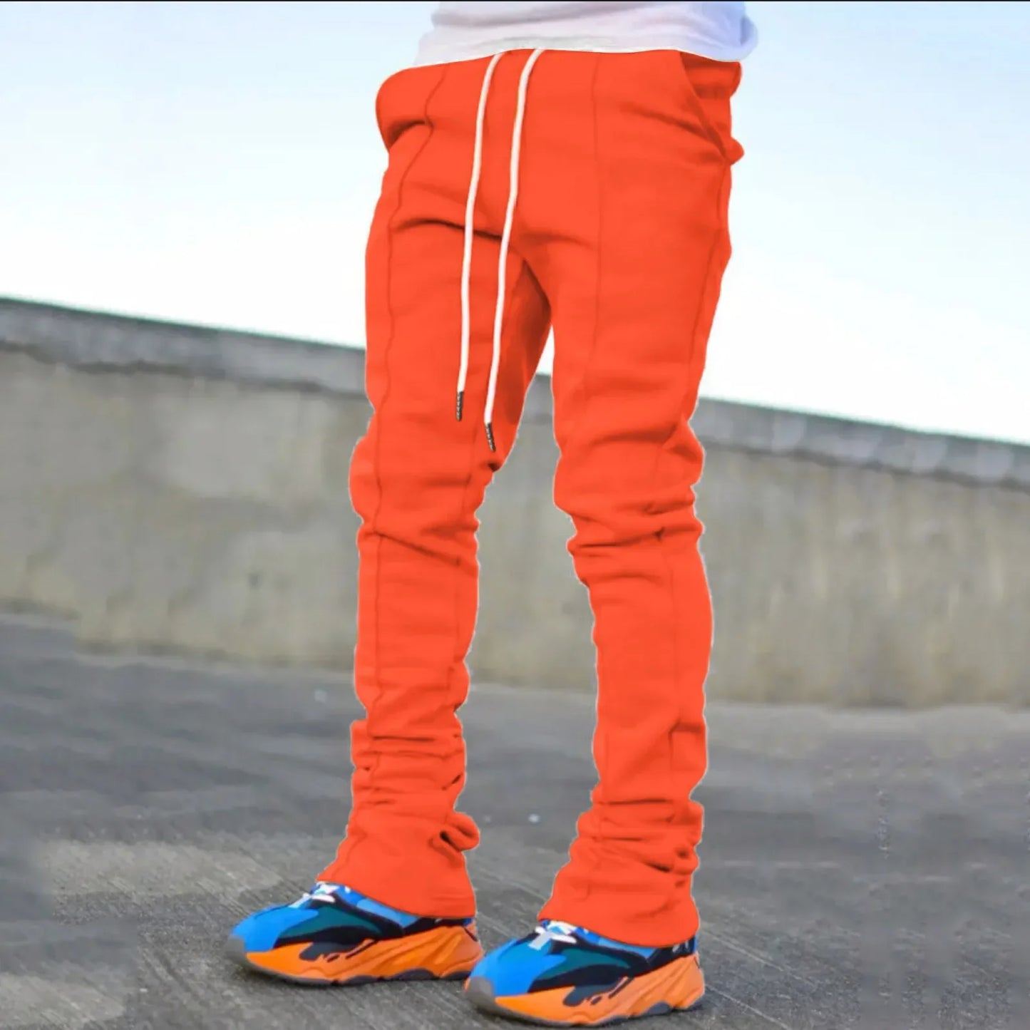 Men's Casual Flare Pants - Solid Color Custom Design Stacked Sweatpants for Streetwear
