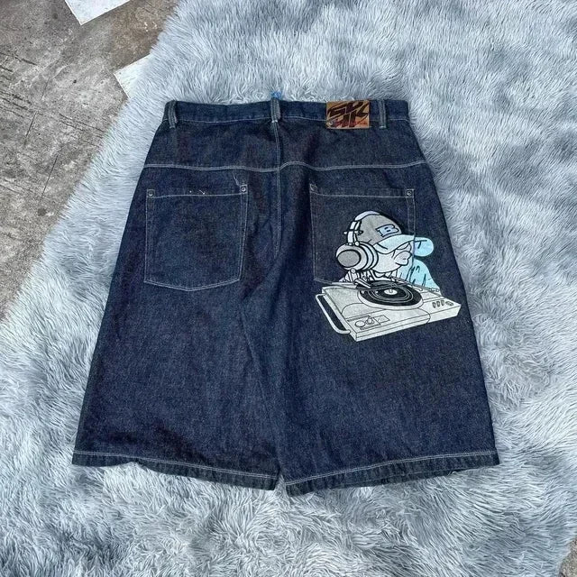 Streetwear Retro Patchwork Denim Short Y2K Jeans Men Women Hip Hop Cartoon Graphics Retro Blue Loose Denim Fitness Casual Shorts