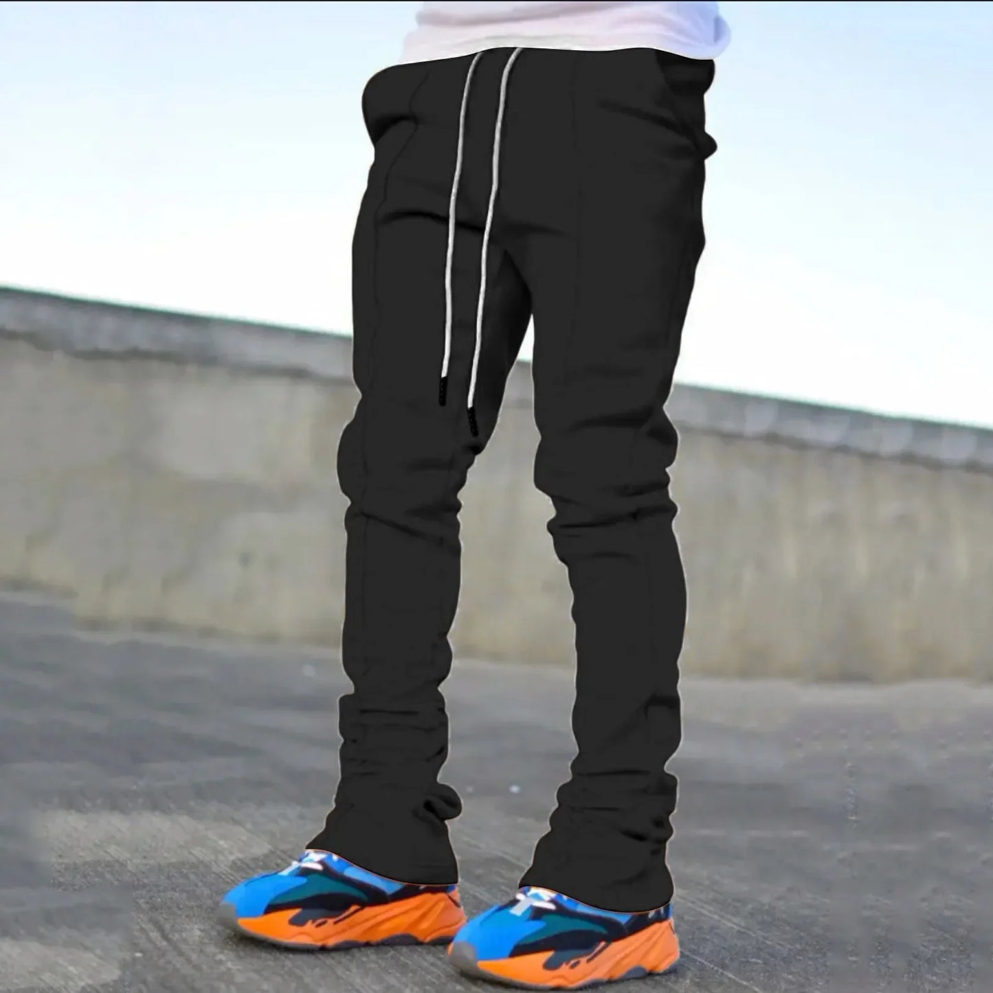 Men's Casual Flare Pants - Solid Color Custom Design Stacked Sweatpants for Streetwear