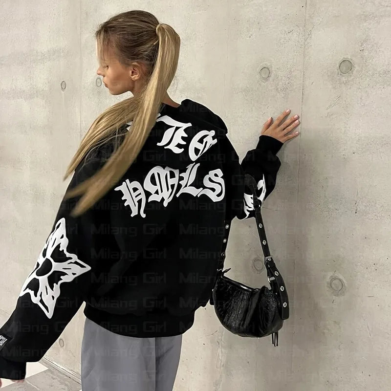 Zip Hoodie for Women - Snowflake Goth Punk Oversized Pullover Sweatshirt, Y2K Jacket