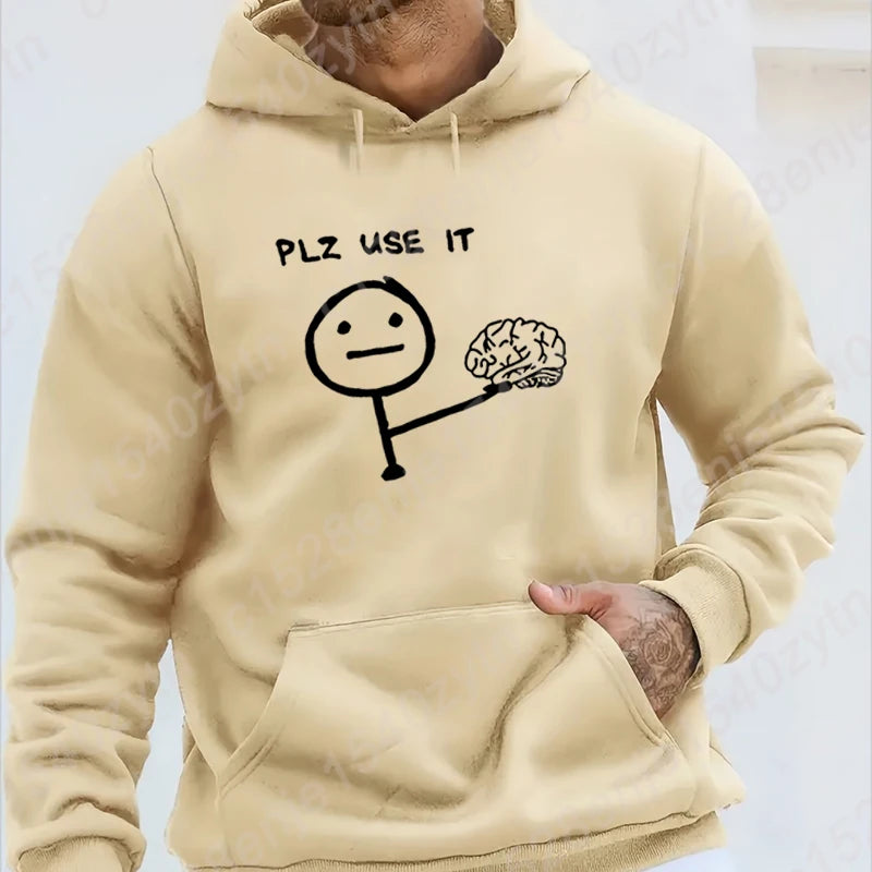 Brain Please Use It Graphic Hoodie - Men's Casual Pullover, Long Sleeve Sportswear Top
