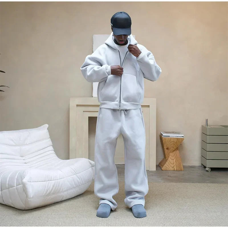 Men's Solid Tracksuit - 2-Piece Casual Set with Zipper Hoodie & Straight Pants, Plush Long Sleeve Sweatshirt and Trousers