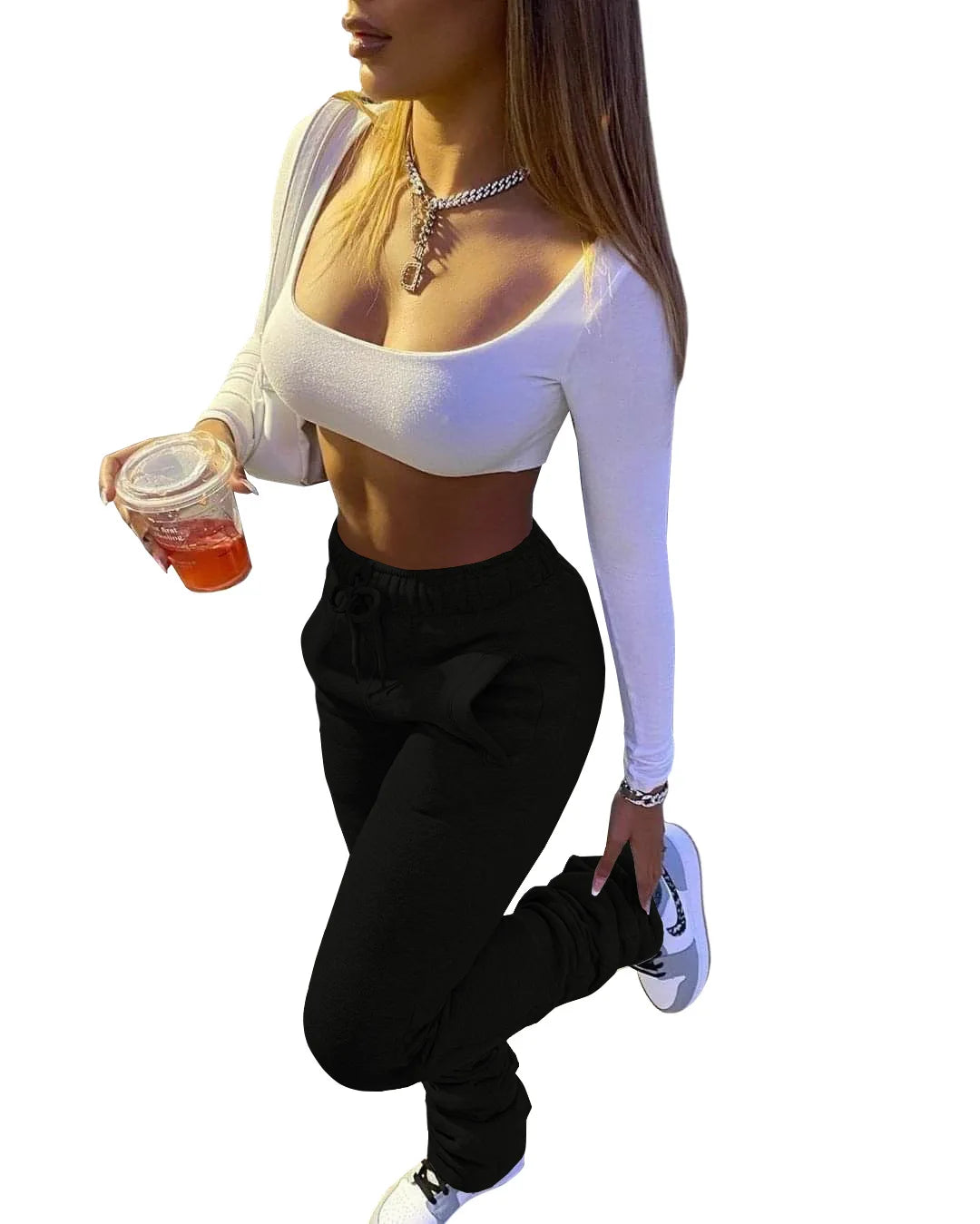 Stacked Sweatpants for Women - Mid Waist Thick Fleece Joggers, Long Trousers, Size XS-3XL