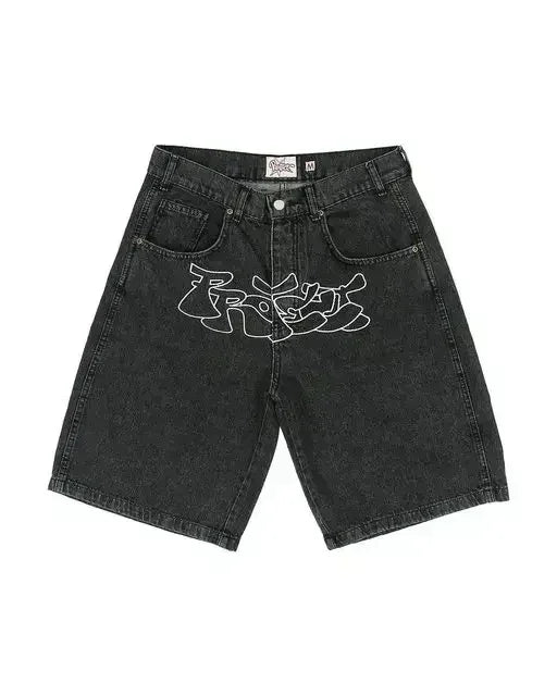 Streetwear Retro Patchwork Denim Short Y2K Jeans Men Women Hip Hop Cartoon Graphics Retro Blue Loose Denim Fitness Casual Shorts