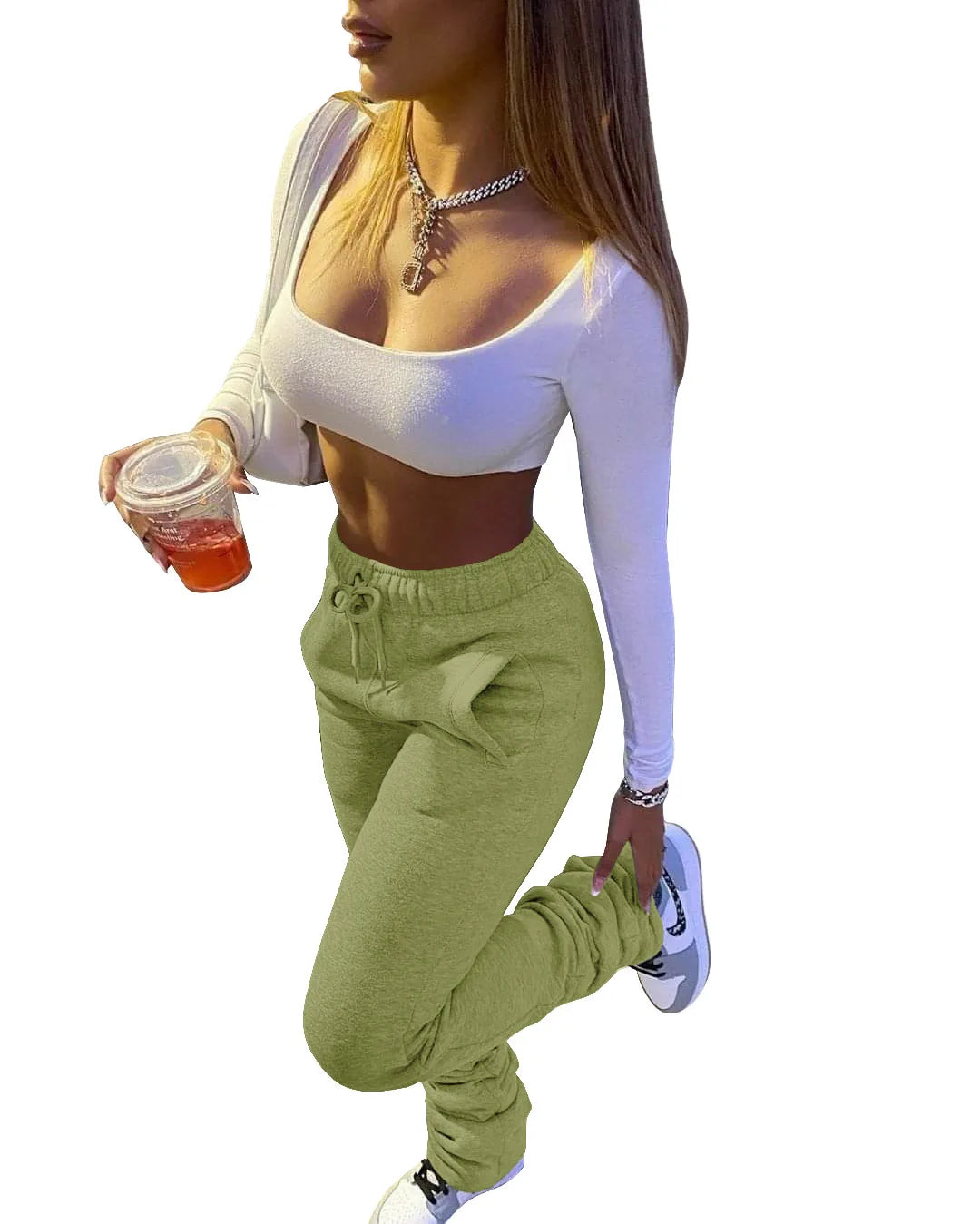 Stacked Sweatpants for Women - Mid Waist Thick Fleece Joggers, Long Trousers, Size XS-3XL