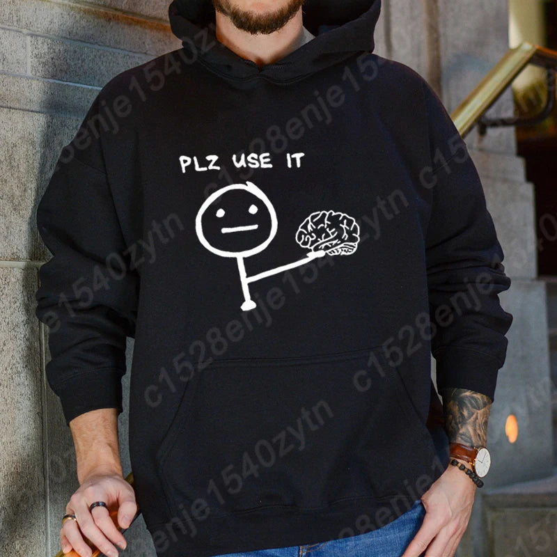 Brain Please Use It Graphic Hoodie - Men's Casual Pullover, Long Sleeve Sportswear Top