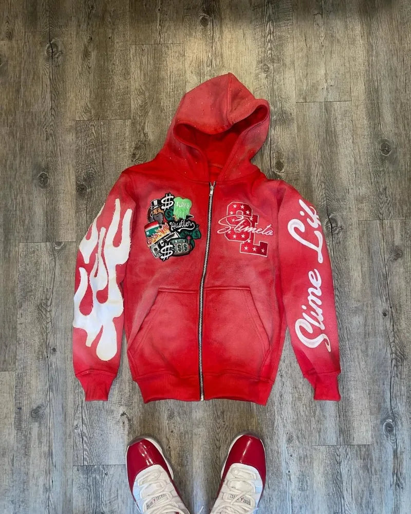 Slime Life Oversized Hoodie - Y2K Gothic Retro Zipper Sweatshirt with Flame Embroidery