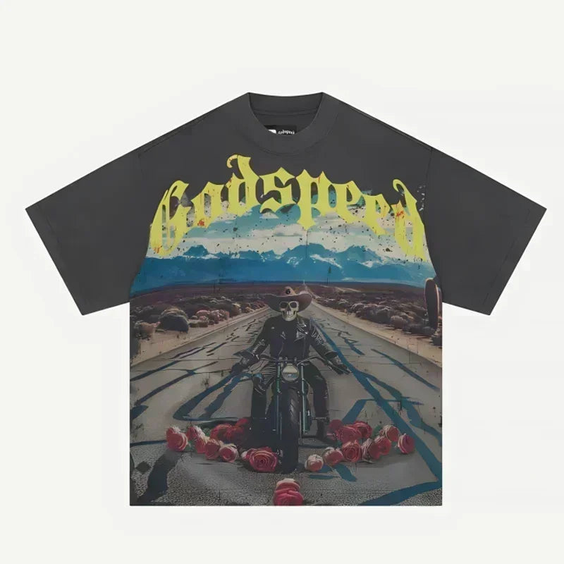 American Style Hip Hop 'GOD SPEED' Graphic T-Shirt - High Street Black Short Sleeve Top for Men
