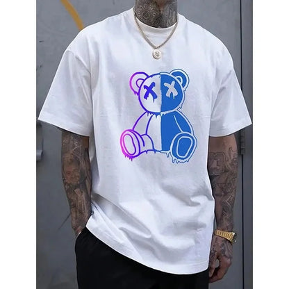 Fashion Cartoon Bear Print Men's T-Shirt - Solid Color O-Neck Hip-Hop Tee