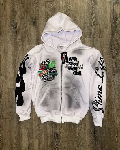 Slime Life Oversized Hoodie - Y2K Gothic Retro Zipper Sweatshirt with Flame Embroidery