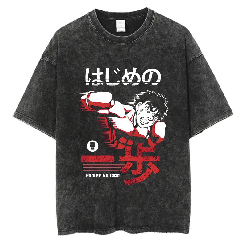 Vintage Washed Anime T-Shirt - Hajime No Ippo Kamogawa Boxing Gym Loose Fit Tee for Men & Women
