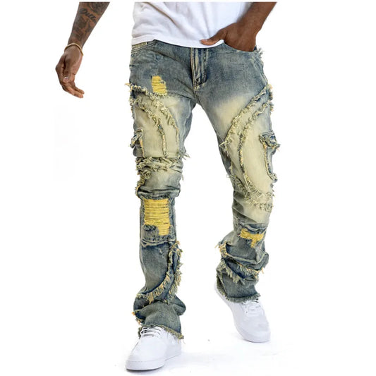 Men's Ripped Stacked Skinny Jeans - Distressed Slim Fit Denim Streetwear