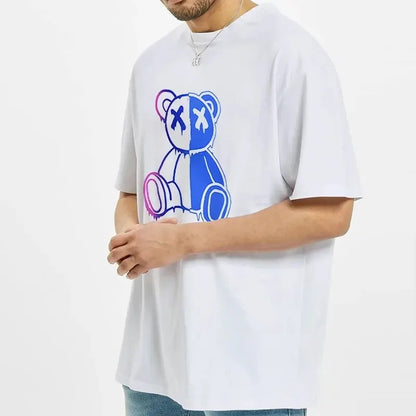 Fashion Cartoon Bear Print Men's T-Shirt - Solid Color O-Neck Hip-Hop Tee