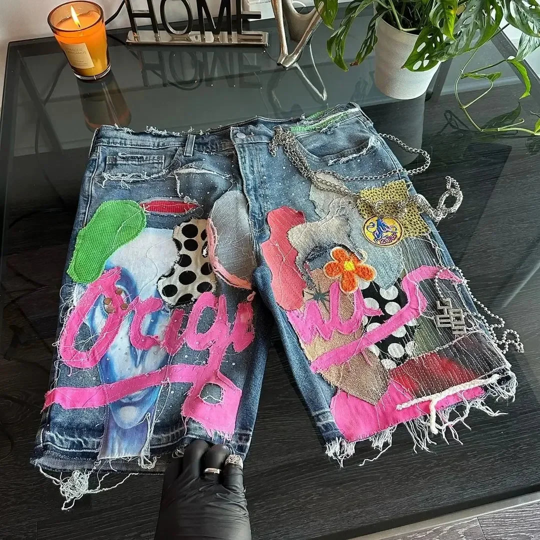 Y2K Gothic Patchwork Denim Shorts - Hip Hop High-Waist Baggy Streetwear for Men & Women