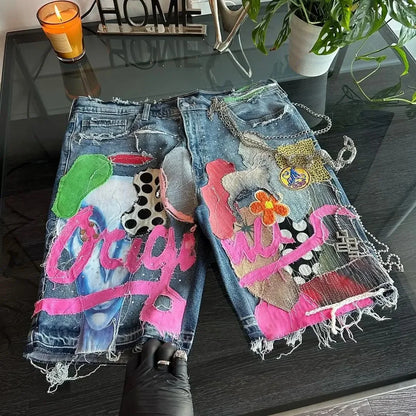 Y2K Gothic Patchwork Denim Shorts - Hip Hop High-Waist Baggy Streetwear for Men & Women
