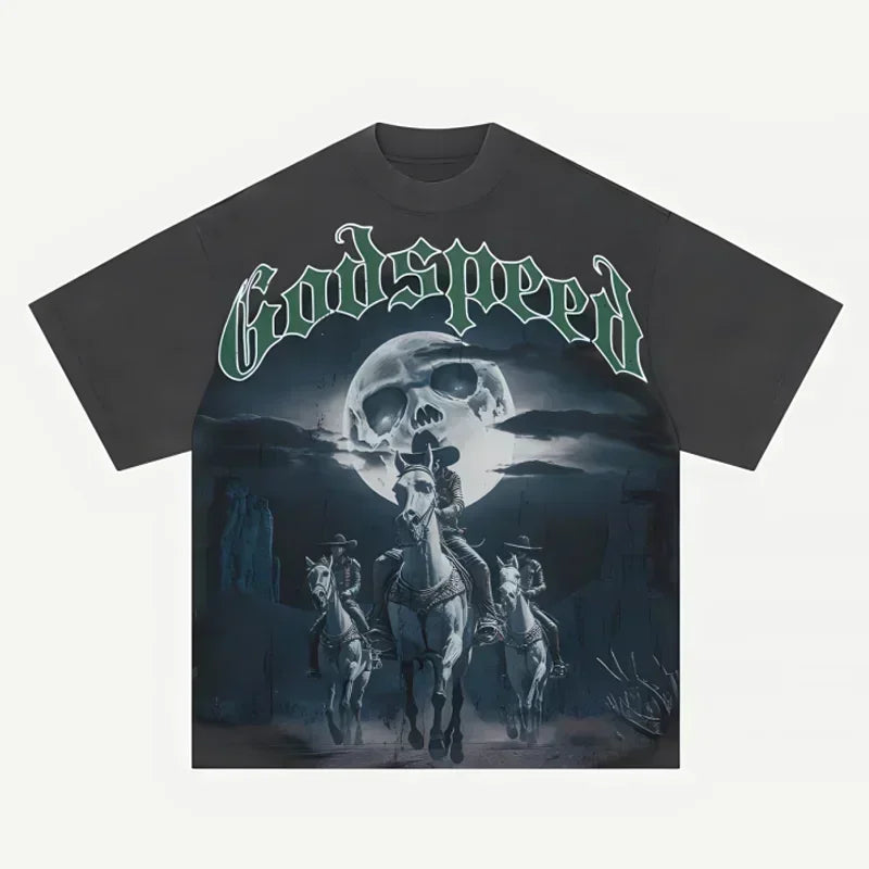 American Style Hip Hop 'GOD SPEED' Graphic T-Shirt - High Street Black Short Sleeve Top for Men