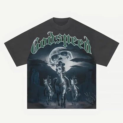 American Style Hip Hop 'GOD SPEED' Graphic T-Shirt - High Street Black Short Sleeve Top for Men
