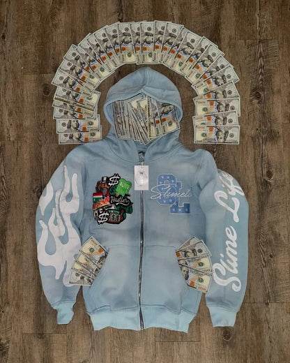 Slime Life Oversized Hoodie - Y2K Gothic Retro Zipper Sweatshirt with Flame Embroidery