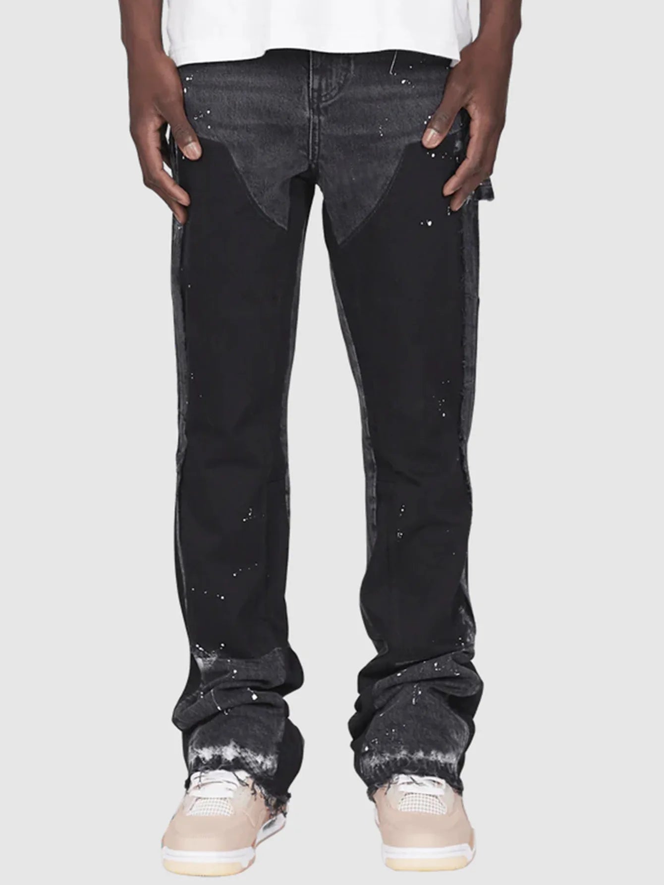 Mens Elastic Patchwork Layered Denim Flared Jeans (S-XXL)