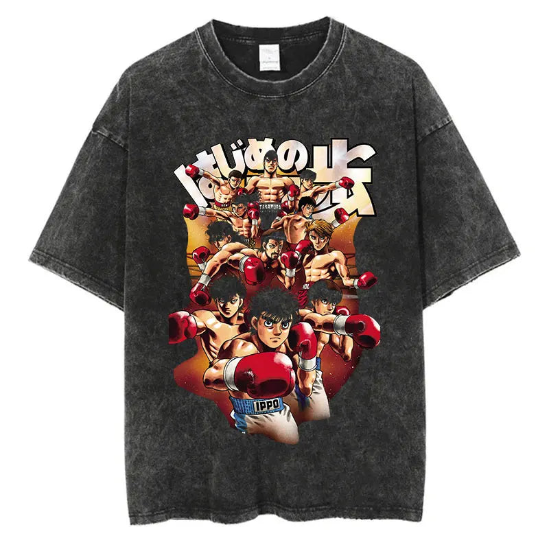 Vintage Washed Anime T-Shirt - Hajime No Ippo Kamogawa Boxing Gym Loose Fit Tee for Men & Women