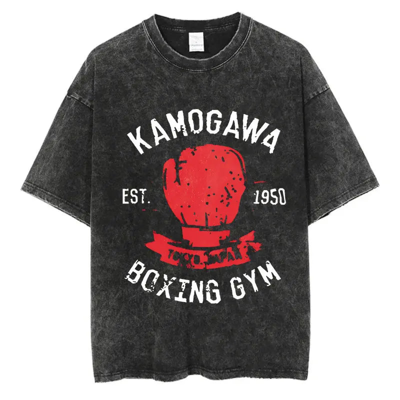 Vintage Washed Anime T-Shirt - Hajime No Ippo Kamogawa Boxing Gym Loose Fit Tee for Men & Women