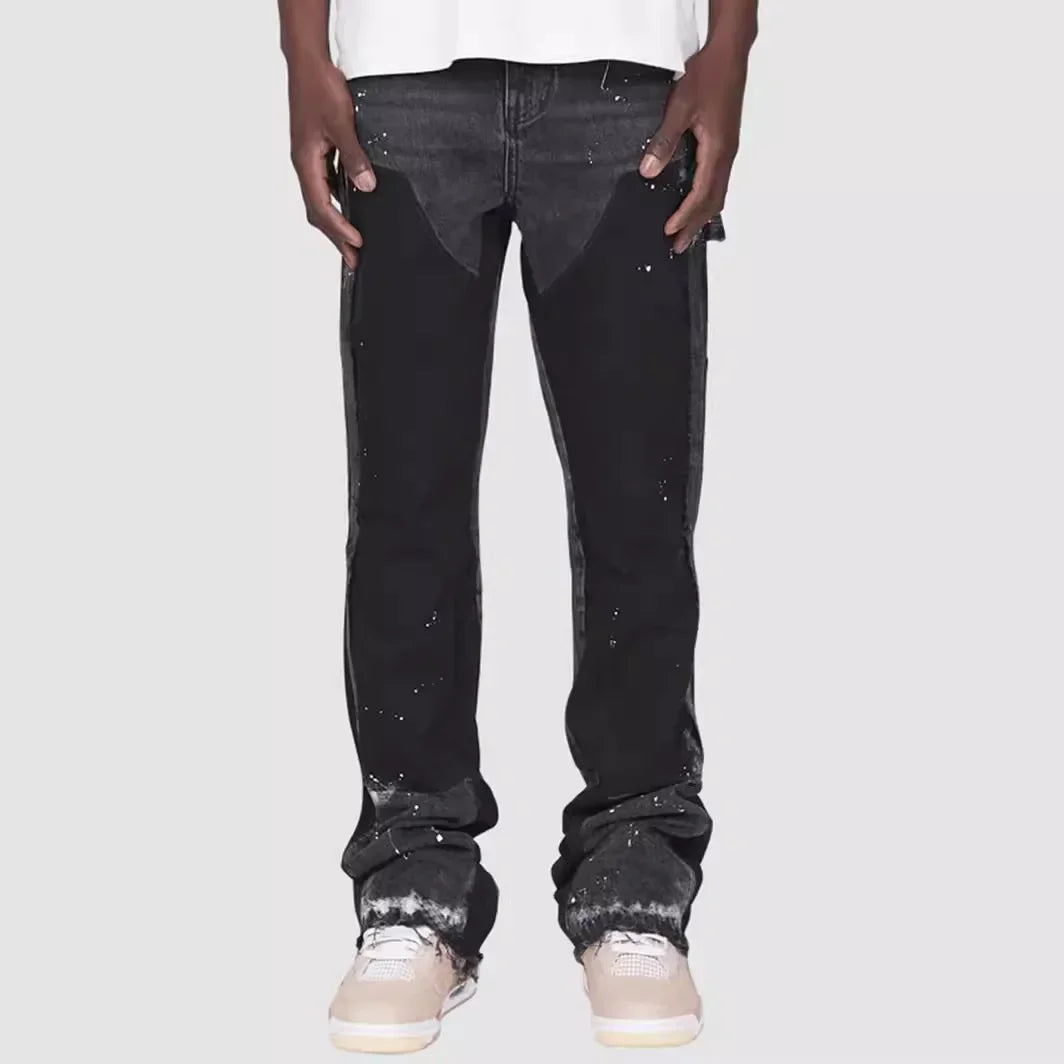 Mens Elastic Patchwork Layered Denim Flared Jeans (S-XXL)