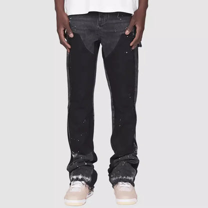 Mens Elastic Patchwork Layered Denim Flared Jeans (S-XXL)