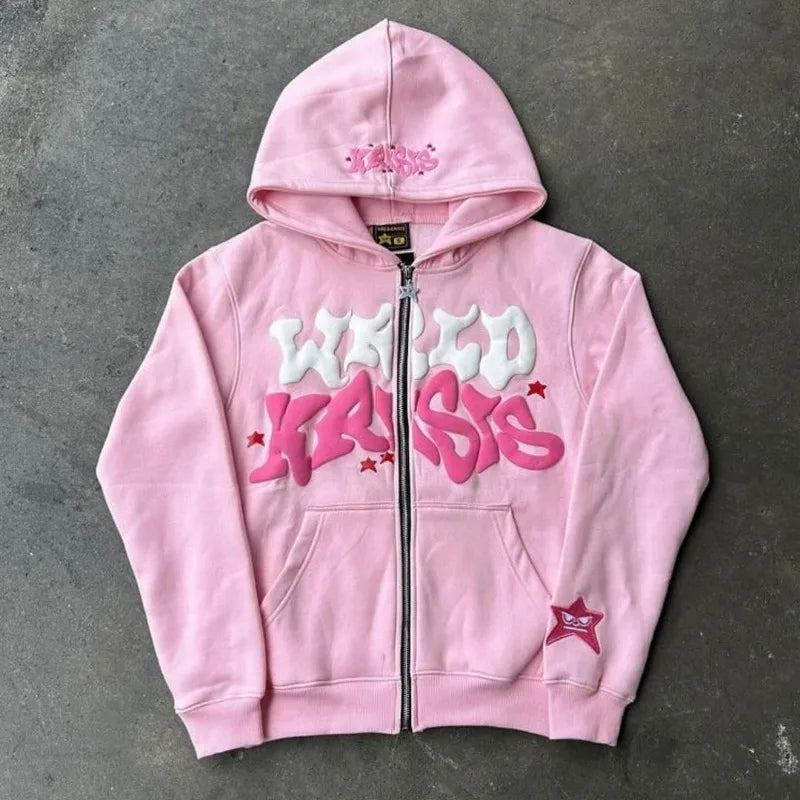 Harajuku Oversized Hoodie – Colorful Letter Print Y2K Hip-Hop Zipper Sweatshirt for Men & Women