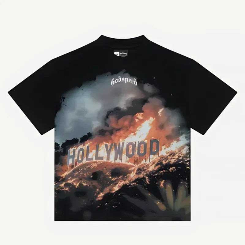American Style Hip Hop 'GOD SPEED' Graphic T-Shirt - High Street Black Short Sleeve Top for Men