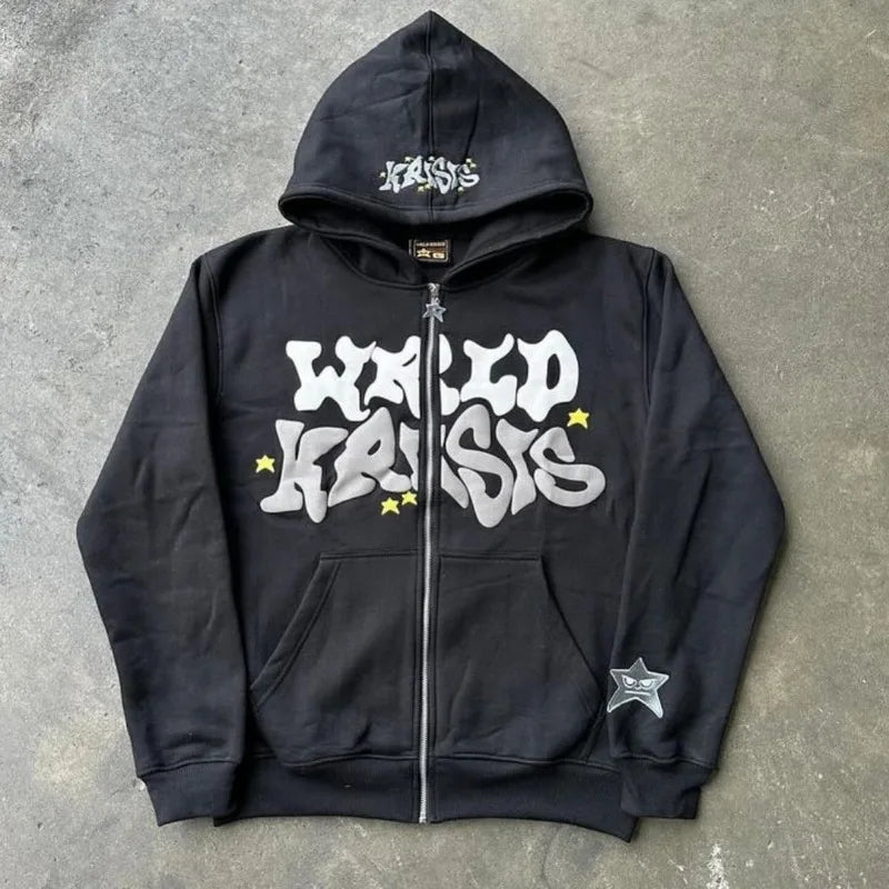 Harajuku Oversized Hoodie – Colorful Letter Print Y2K Hip-Hop Zipper Sweatshirt for Men & Women