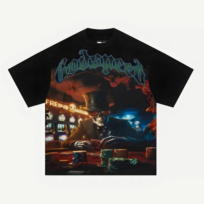 American Style Hip Hop 'GOD SPEED' Graphic T-Shirt - High Street Black Short Sleeve Top for Men